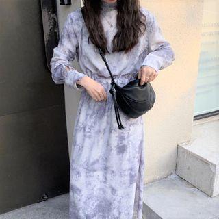 Long-sleeve Tie-dye Open-back Midi A-line Dress White & Light Gray - One Size