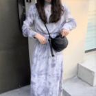 Long-sleeve Tie-dye Open-back Midi A-line Dress White & Light Gray - One Size