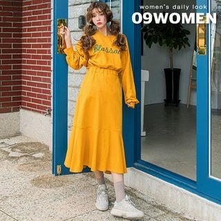 Set: Letter-embroidered Pullover + Long Mermaid Skirt