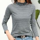 Mock-turtleneck Lettering Striped Long-sleeve Top