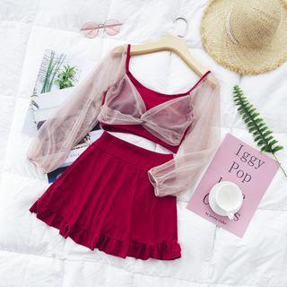 Set: Long-sleeve Mesh Panel Swim Top + Skirt