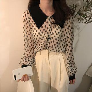 Chiffon Polka Dot Long-sleeve Blouse Almond - One Size