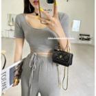 Set: Short-sleeve Strappy Cropped T-shirt + Wide Leg Pants