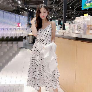 Spaghetti Strap Polka Dot Chiffon A-line Midi Tiered Dress