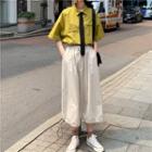 Elbow-sleeve Embroidered Shirt / A-line Midi Skirt