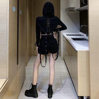 High-waist Cargo Shorts / Belt / Lace-up Crpped Hoodie