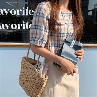 Round-neck Linen Blend Plaid Blouse Blue - One Size