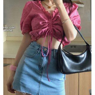 Drawstring Ruffled Trim Cropped Top / Denim Mini Skirt