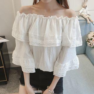 Lace Trim Flounced Off-shoulder 3/4 Sleeve Top