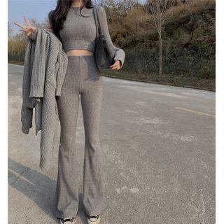 Long-sleeve Crop Top / Open Front Long Cardigan / Boot-cut Pants