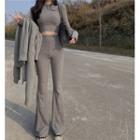 Long-sleeve Crop Top / Open Front Long Cardigan / Boot-cut Pants