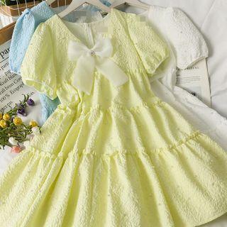 Embossed Pearl-accent Ribbon Midi Dress