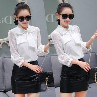 Puff-sleeve Jacquard Bowed Blouse