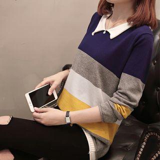 Long-sleeve Collared Color-block Knit Top