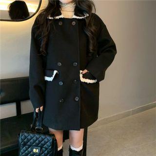 Long-sleeve Fleece Trim Woolen Coat Black - One Size
