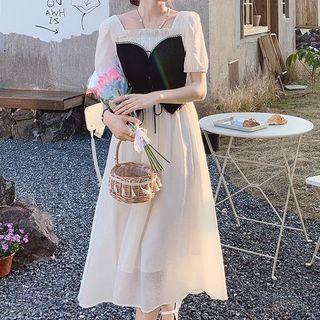 Puff-sleeve Square-neck Mock Two-piece Midi Dress