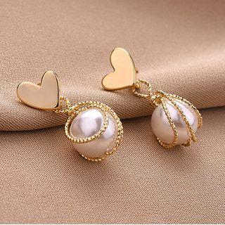 Heart Faux Pearl Drop Earring 1 Pair - Qr24 - Gold - One Size