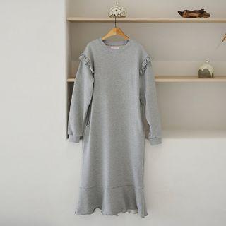 Ruffle-hem Long Sweatshirt Dress Gray - One Size