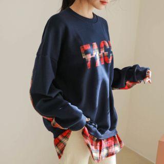 Layered-hem Plaid-trim Sweatshirt