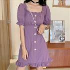 Short-sleeve Ruffle Trim Mini Dress Purple - One Size