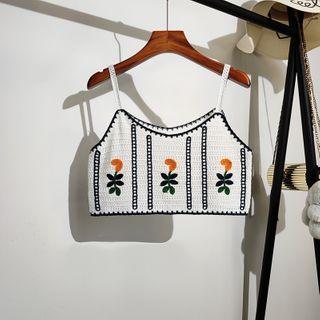 Cropped Embroidered Flower Knit Camisole Top