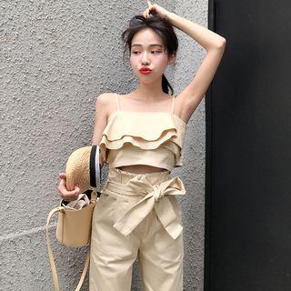 Set: Spaghetti-strap Ruffle Crop Top + Straight Cut Pants