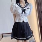 Sailor Collar Cropped Blouse With Bowtie / Mini A-line Skirt / Set