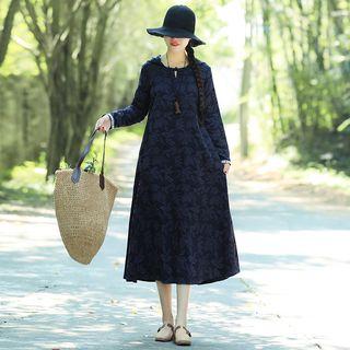 Embroidered Hooded Long-sleeve Midi A-line Dress