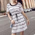 Short-sleeve Perforated Two-tone Knit Dress White - One Size