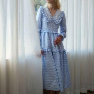 Puff-sleeve Ruffled Gingham Midi A-line Dress