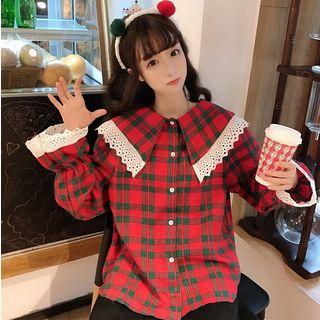 Eyelet Lace Trim Plaid Shirt