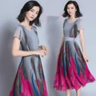 Short Sleeve Feather Printed Chiffon Dress