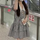 Puff-sleeve Plaid Shirred A-line Dress (various Designs)