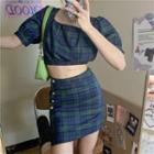 Short-sleeve Square-neck Plaid Top / Plaid Mini Skirt