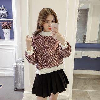 Plaid Mock-neck Long-sleeve Knit Top
