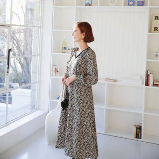 Contrast-piping Floral Long Dress