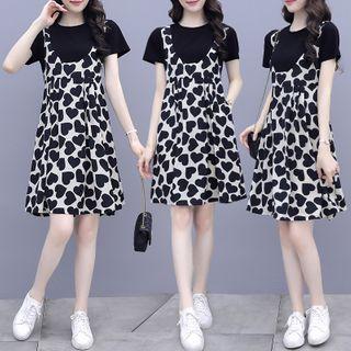 Mock Two-piece Short-sleeve Heart Print Dress