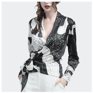 Long-sleeve Color Block Printed Chiffon Wrap Top