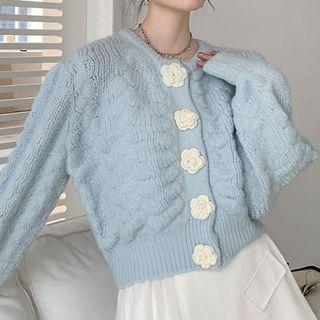 Floral Cable Knit Cardigan Light Blue - One Size