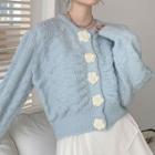 Floral Cable Knit Cardigan Light Blue - One Size