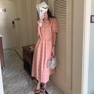 Puff-sleeve V-neck Wrap Plaid Dress