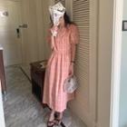 Puff-sleeve V-neck Wrap Plaid Dress