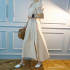 Balloon-sleeve Linen Maxi A-line Dress With Sash