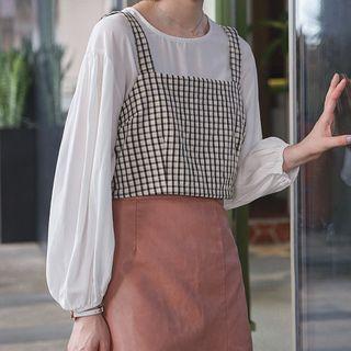 Set: Long-sleeve Top + Plaid Camisole As Shown In Figure - One Size