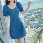 Puff-sleeve Cross-strap A-line Denim Dress