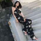 Printed Spaghetti-strap Open Back Wide-leg Jumpsuit