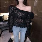 Lace Long-sleeve Slim-fit Blouse Black - One Size