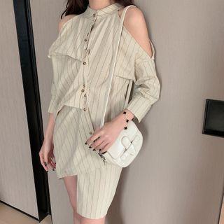Long-sleeve Cold Shoulder Striped Irregular Buttoned Sheath Dress