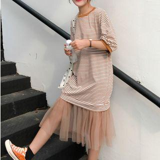Mesh Hem Striped Elbow Sleeve T-shirt Dress