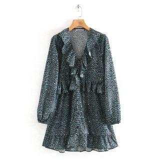 Long-sleeve Ruffled Leopard Print Mini A-line Dress